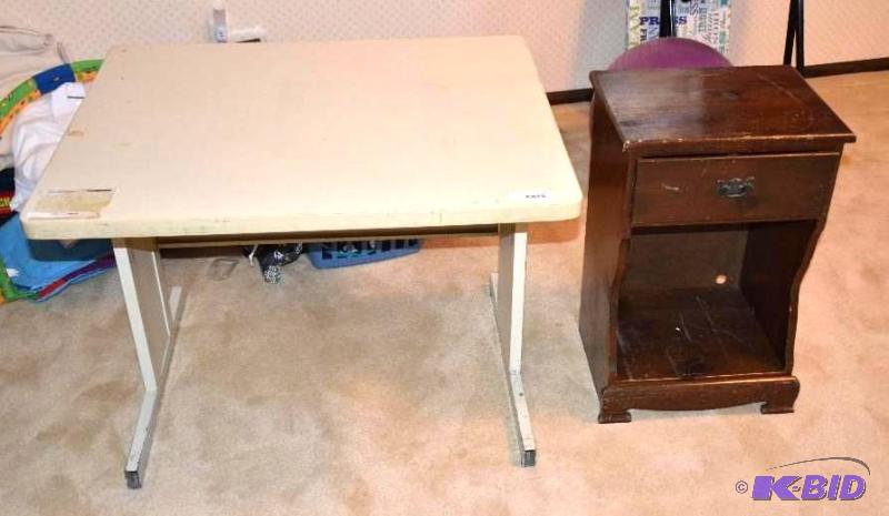 lot 203 image: Metal desk 48x36", wood night stand 16x1...