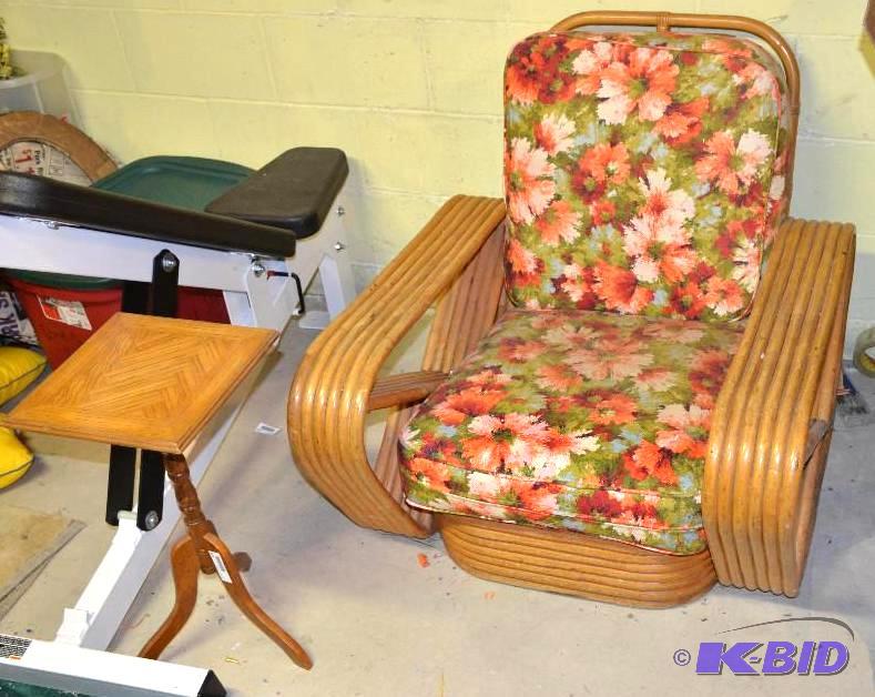 lot 242 image: Bamboo chair & wood table 12x12x20"...