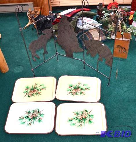 lot 69 image: Wooden magazine rack, 4 trays, moose wind chi...