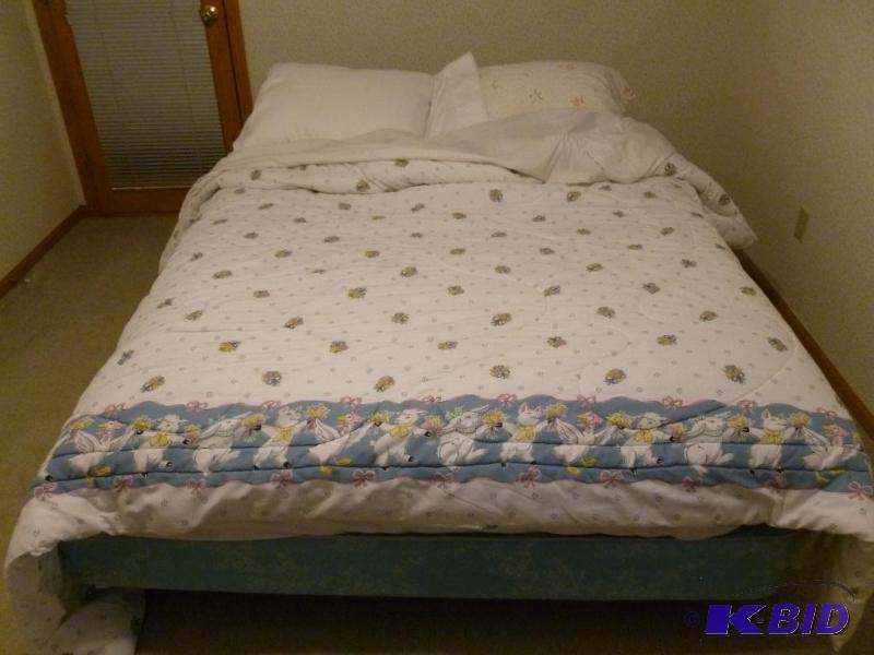 lot 9 image: Full size metal bed frame, the mattress, box ...