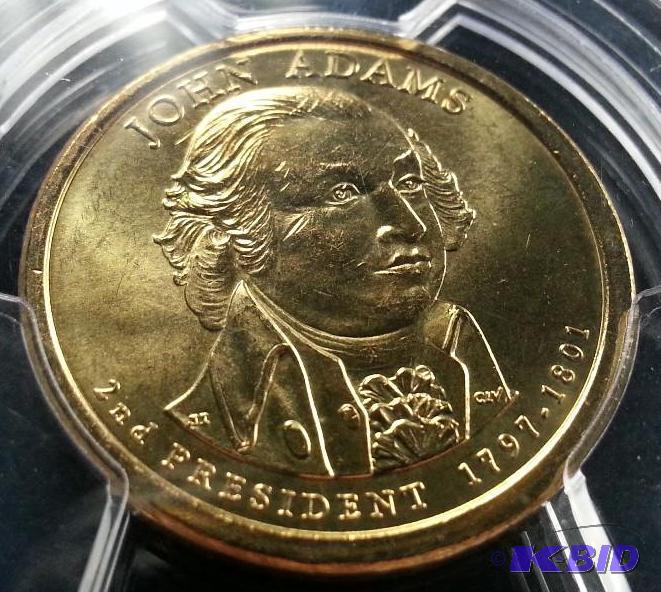 lot 18 image: 2007 John Adams $1 MS65 Mint Error