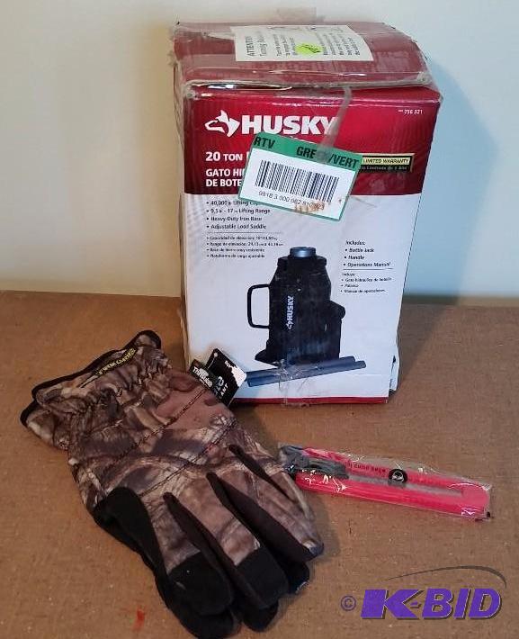 lot 19 image: 3 Item Lot.  Husky 20 Ton Bottle Jack, Pair of Mens Gloves, and Utility Knife.