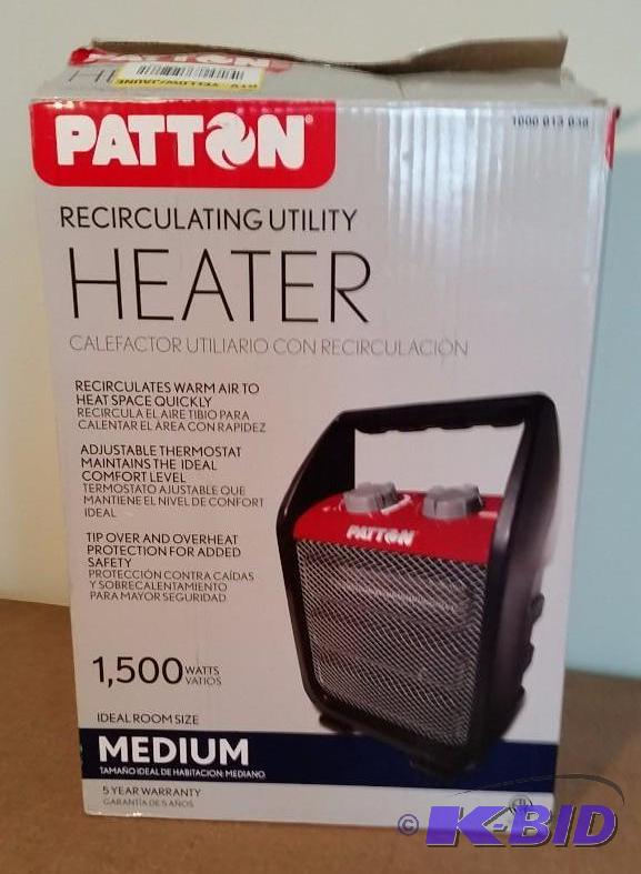 lot 44 image: Patton 1500 Watt Recirculating Portable Utility Heater. Used out of Box. Tested Works