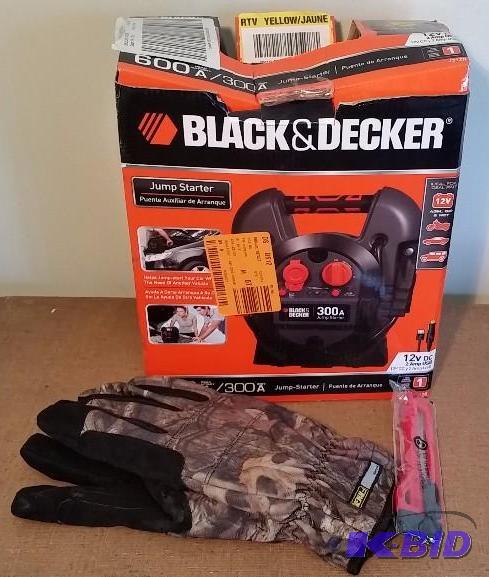 lot 9 image: 3 Item Lot  Black&Decker Jump Starter Kit, Gloves and Utility Knife