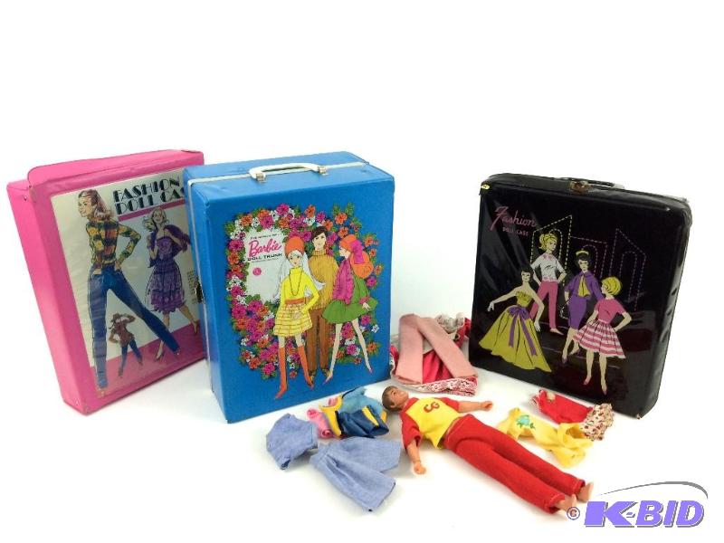 lot 25 image: Large lot of Collectible Barbie Cases and Ken doll with some Vintage Clothing