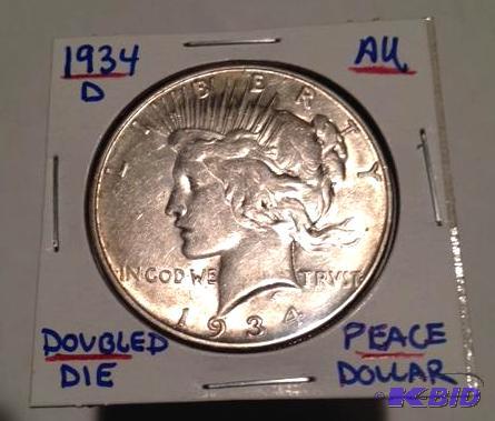 1934-D Peace Dollar Monster Doubled Die Obverse doubled forehead, eyelids, nose, lips and chin. AU K