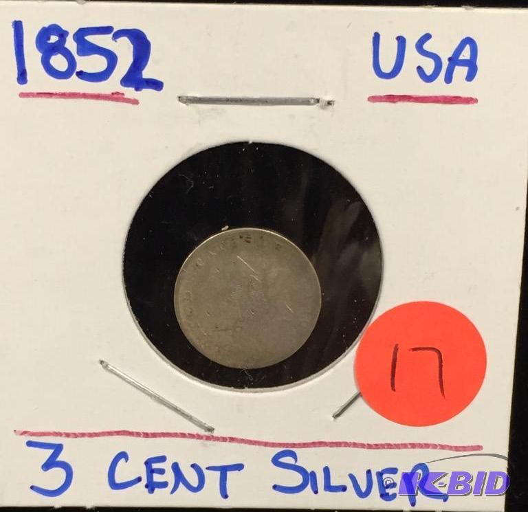 1852 Vintage Three Cent Cent Silver Nickel