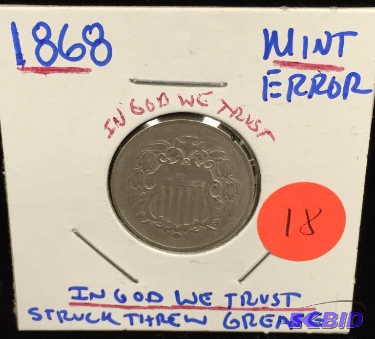 1868 Shield Nickel with a Mint Error In God We Trust Struck Threw Grease Nice Grade