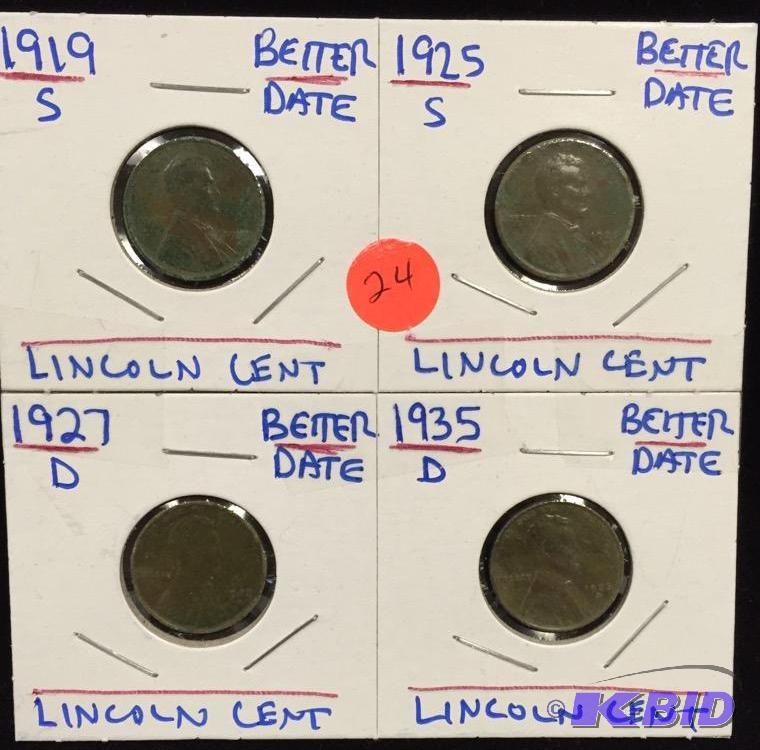 4 Better Date Lincoln Cents 1919-S, 1925-S, 1927-D, 1935-S Higher Grade