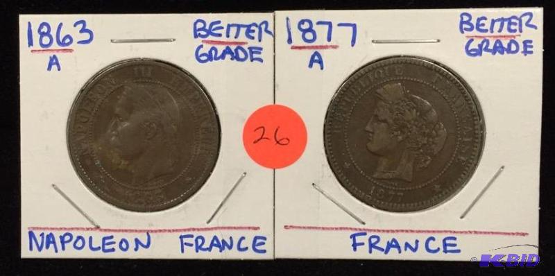 1863-A France Napoleon 10 Centimes and France 10 Centimes Better Grade Early Copper