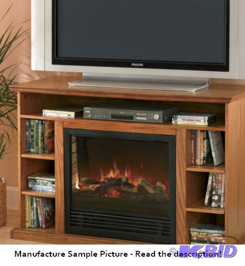 lot 1 image: Oak Finish Media Storage TV Stand Fireplace -...