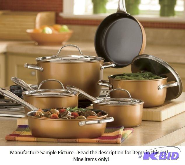 lot 30 image: Nine Piece Cookware Set - Bronze Color - This...