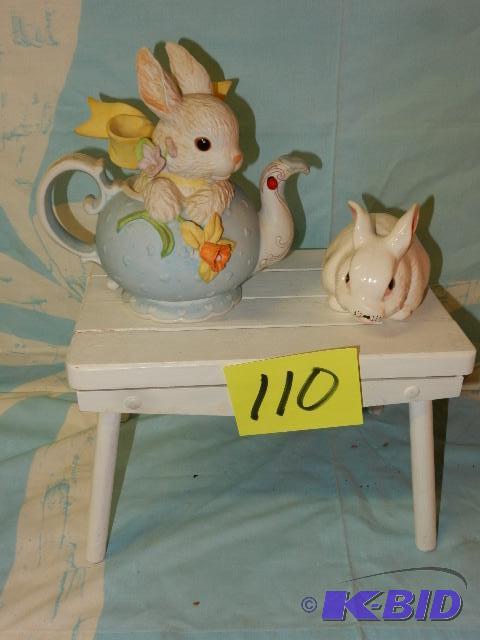 Rabbit Music Box and Glass Rabbit, stand.