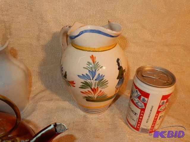 Henriot QUIMPER Vintage French Pottery.. 1 Quart Milk Pitcher.  Copper Tea pot, Chrome Coffee pot, small pitcher