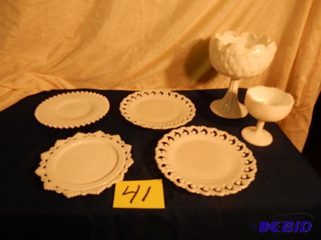 Milk Glass Plates, 2 Milk Glass pedestal dishes