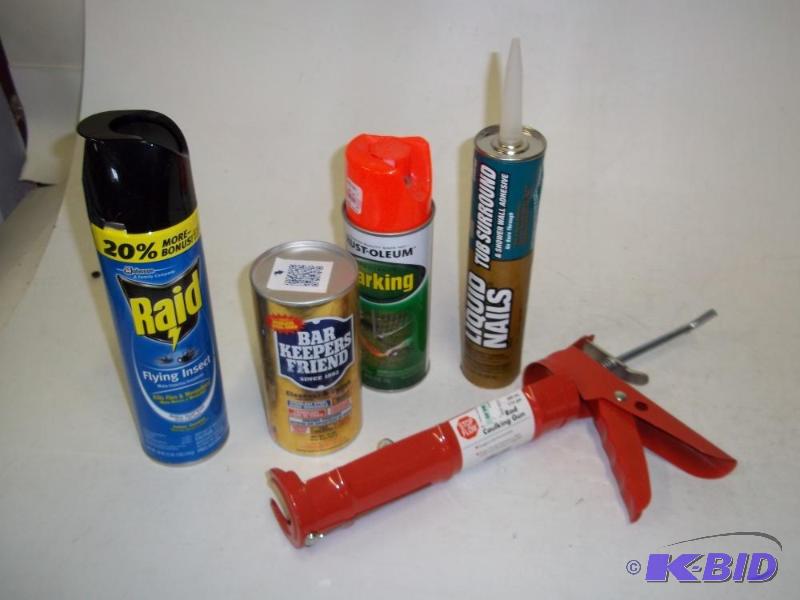 Caulking gun with liquid nails, raid, and mar...