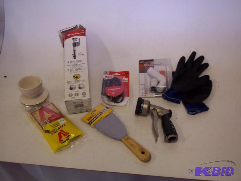 Gloves, toilet valve, rat trap, and hose spra...