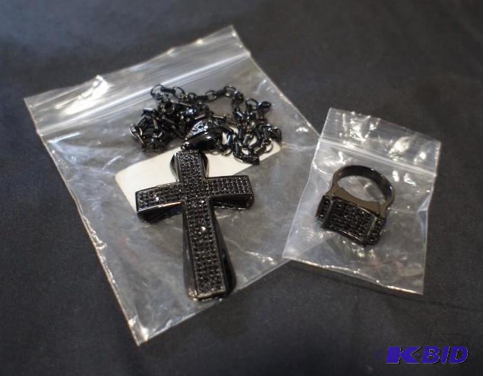 New Mens Black Stainless Steel CZ Cross &amp...