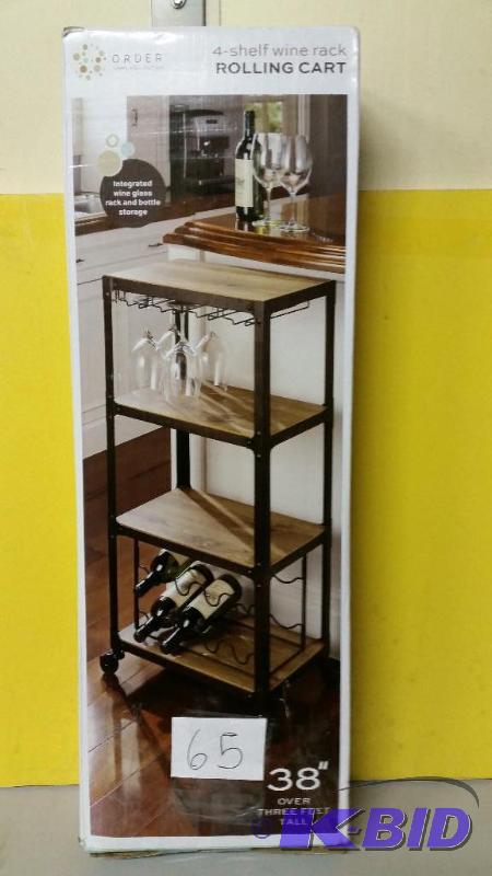 lot 65 image: 4 Shelf Wine Rack  - rolling Cart
