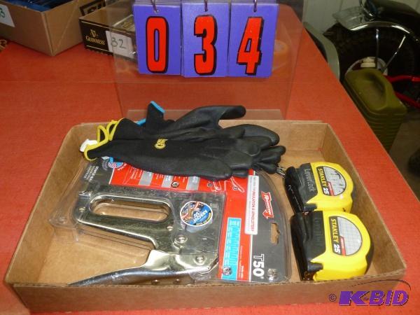 lot 34 image: Flat of tools as shown. Tape measures, arrow ...