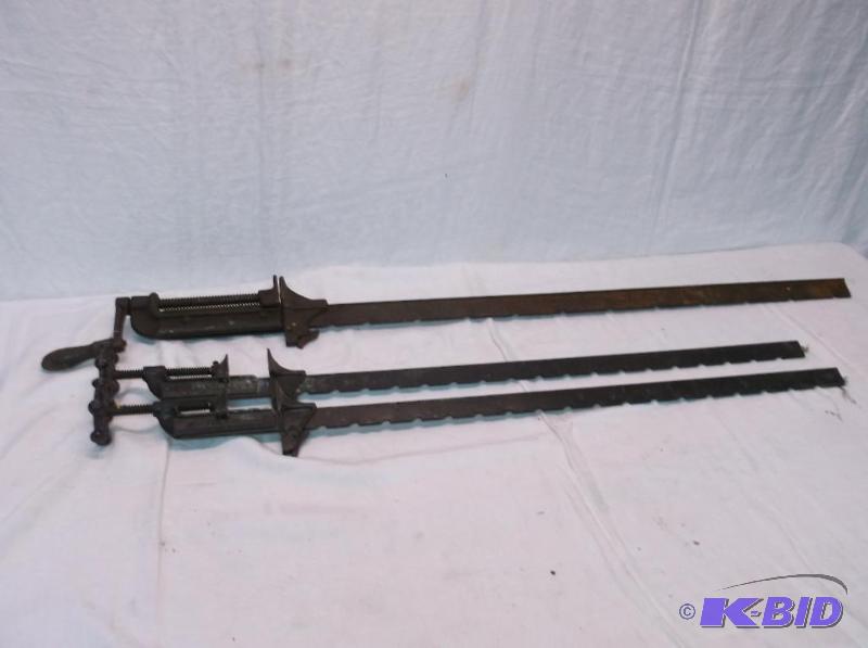 lot 101 image: Vintage wood clamps longest measuring 41"...