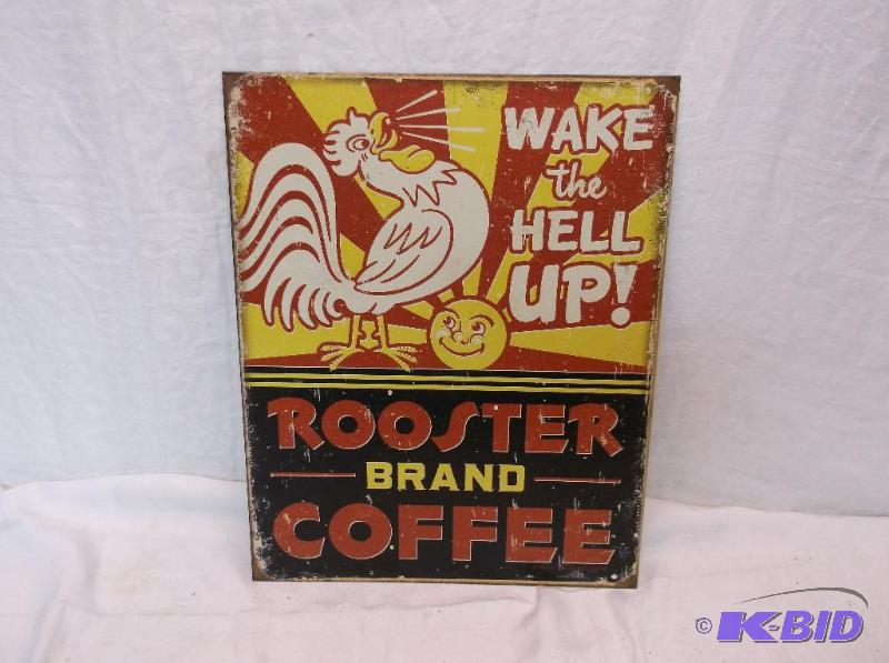 lot 114 image: Rooster Brand Coffee sign measuring 12 12&qu...