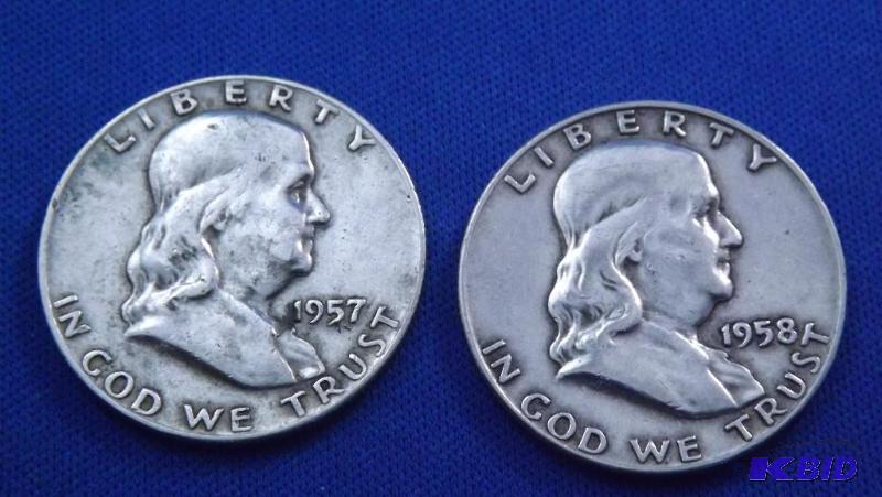 Franklin Half Dollars, 1957 D and 1958 D. 90%...