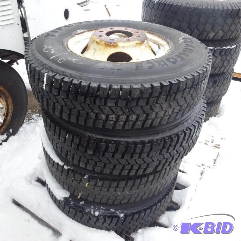 lot 6 image: Firestone LT215 86R16 tires and rims. 2032 t...