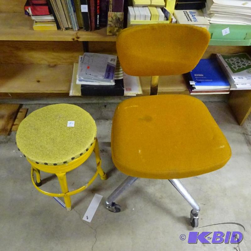 lot 389 image: Vintage metal stool and office chair on wheel...