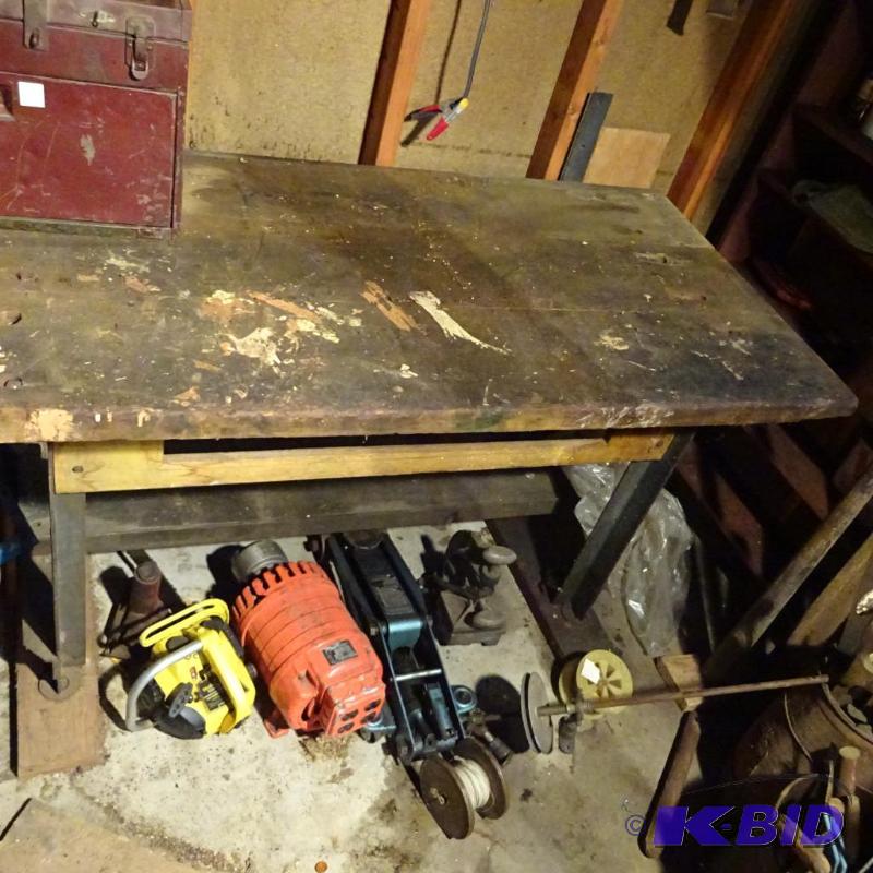 lot 22 image: Heavy Duty Metal Work Bench with Wood Top...
