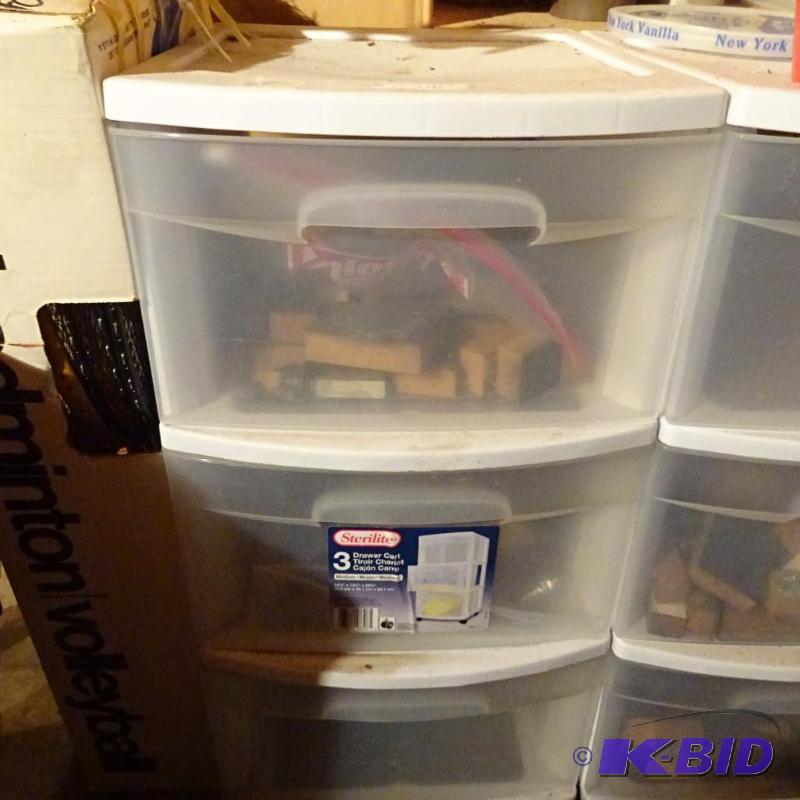 lot 252 image: 3 Drawer Poly Bin with Rubber Stamps...