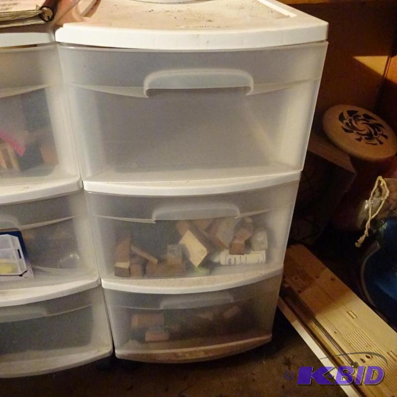 lot 253 image: 3 Drawer Poly Bin with Rubber Stamps...