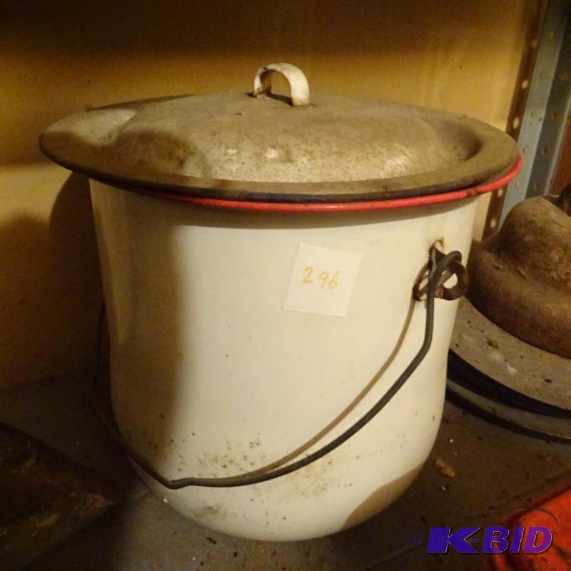 lot 296 image: Vintage Porcelain Coated Pot with Lid...