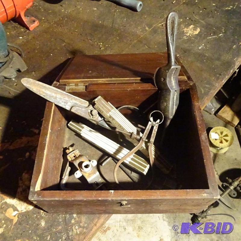 lot 30 image: Vintage Wood Box with Vintage Wood Tools...