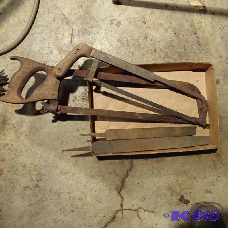 lot 54 image: Vintage Meat Saw. Hack Saw and Files...