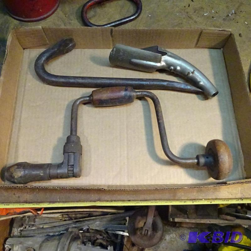 lot 80 image: Drill Brace. Pry Bar Oil Can Dispenser...