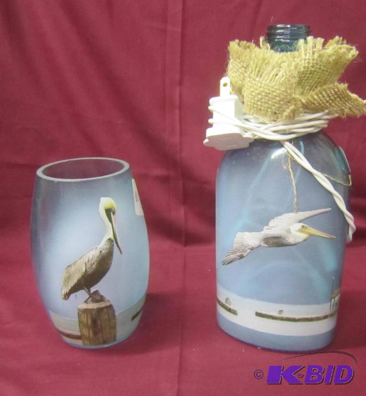 lot 477 image: NEW  9 High Lighted Electric Lamp with Pelican and Lights & 5 12 without Lights