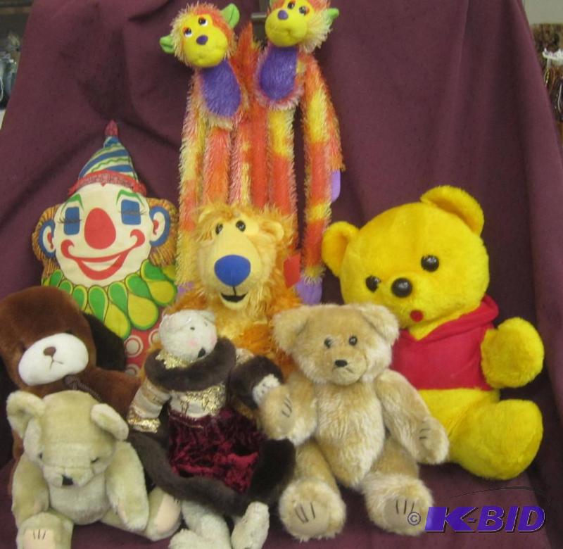 lot 486 image: Box Lot of Stuffed Animals  Bears, Monkey, Alf, Antique Clown, ETC