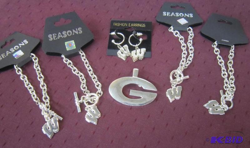 lot 508 image: Jewelry Lot - W Bracelets and Earrings, One Green Bay Pendant