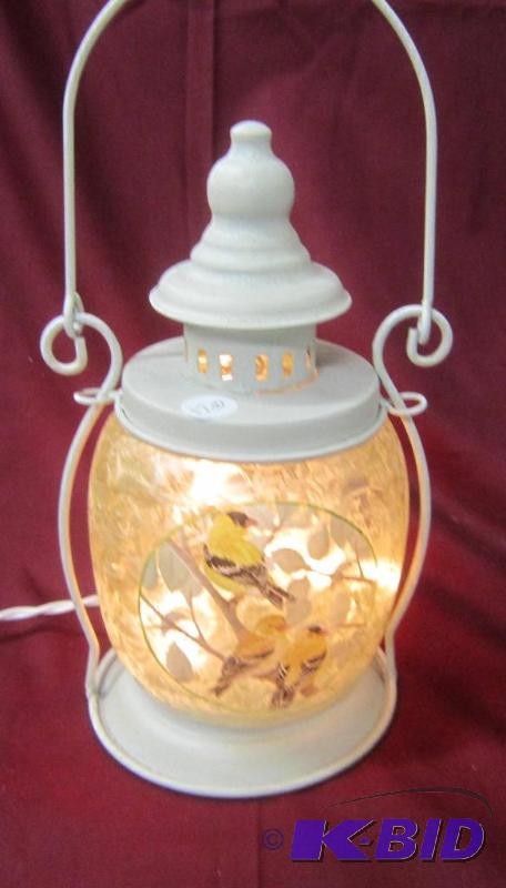 lot 527 image: NEW  12 High Lighted Electric Lamp Lantern with Gold Finch