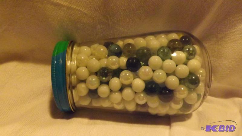 Quart Jar of misc Marbles, mostly white ones....