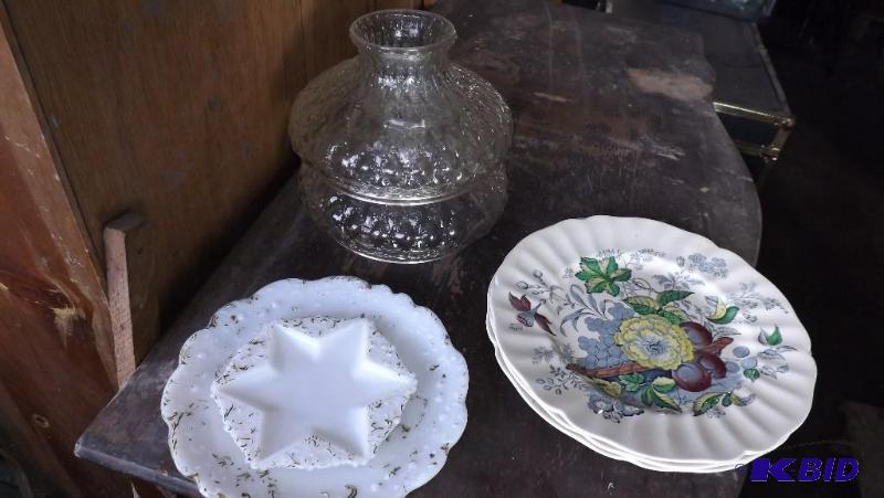 two glass lamp shades, set of 3 dinner plates...