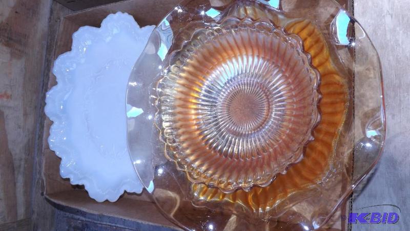 Serving Dishes, milk glass platter, two carni...