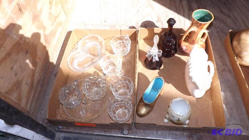 misc glass dishes, cream and sugar set (possi...