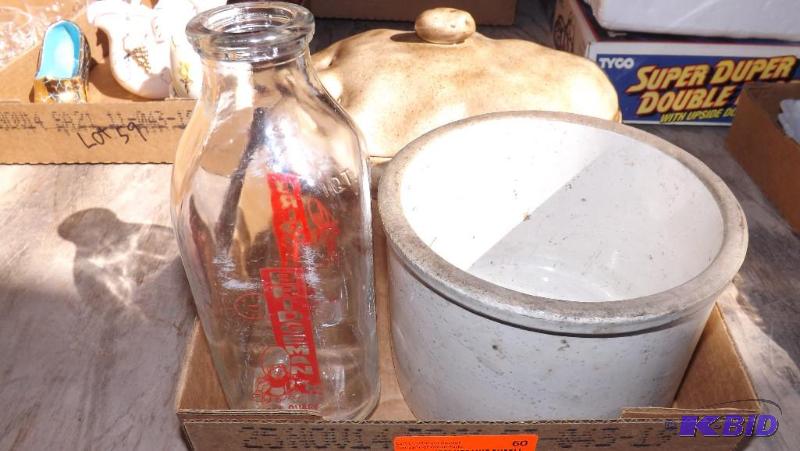 Bridgeman Milk bottle, small crock, potato sh...