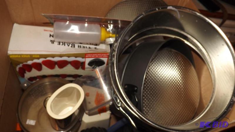 Box of Kitchen items, spring form pans, food ...