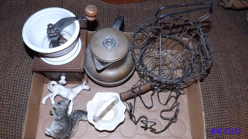 Vintage egg basket, coffee grinder, coffee po...