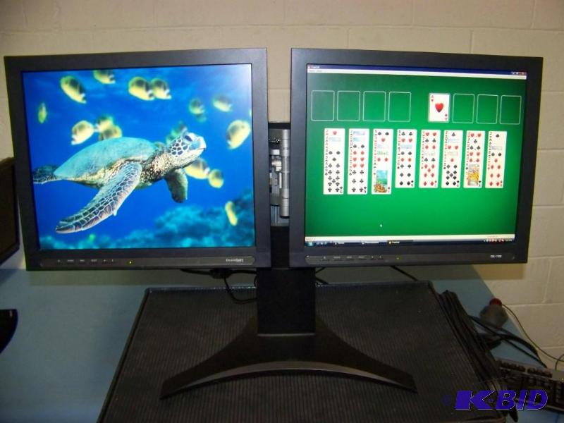 lot 41 image: Dual DisplayLift, Computer Monitor Stand and (2) Double Sight Displays, 17 LCD Monitors