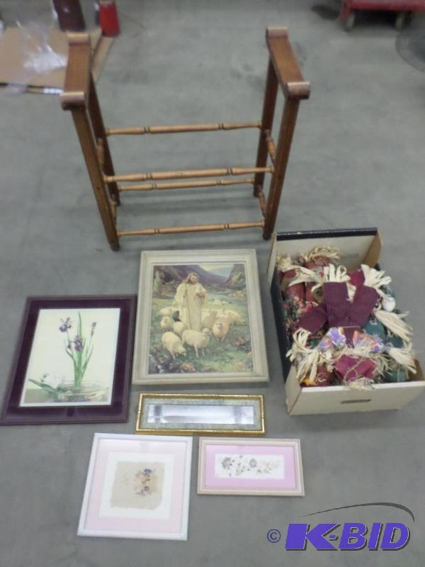 lot 88 image: Lot Of Misc Artwork, Wooden Stand, Etc...