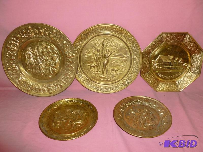 lot 148 image: Lot of five vintage embossed brass wall plate...
